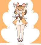  1girl animal_ears bow bowtie brown_background brown_dress brown_hair chevrotain_(kemono_friends) closed_eyes coroha dress extra_ears full_body gloves jumping kemono_friends multicolored_hair shoes short_hair simple_background solo tail two-tone_hair white_hair 