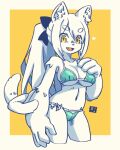  1girl :d animal_ear_fluff animal_ears bikini black_bow body_fur border bow breasts cat_ears cat_girl cat_tail cropped_legs fang furry furry_female green_bikini hair_bow large_breasts long_hair looking_at_viewer mawaru_(mawaru) multiple_tails navel open_mouth original ponytail skin_fang smile solo stomach suzubi_(mawaru) swimsuit tail white_border white_hair yellow_background yellow_eyes 