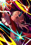  1boy black_background blonde_hair blue_feathers brown_hair cape closed_mouth feather_hair_ornament feathers fireworks genshin_impact hair_ornament highres kaveh_(genshin_impact) long_sleeves looking_up male_focus medium_hair multicolored_hair onohi117 red_cape red_eyes shirt solo white_shirt 