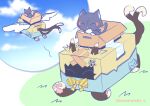  blue_sky box cat cloud flying genshin_impact grass highres hotaruishi_o kirara_(cat)_(genshin_impact) kirara_(genshin_impact) multiple_tails musical_note no_humans package ribbon scaramouche_(cat)_(genshin_impact) scaramouche_(genshin_impact) sky tail two-tone_ribbon two_tails wings 