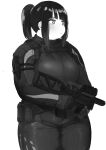  1girl absurdres blunt_bangs blush breasts character_request closed_mouth copyright_request cowboy_shot greyscale gun highres holding holding_gun holding_weapon large_breasts long_sleeves monochrome nimo_(b45ui) ponytail sidelocks simple_background solo thick_thighs thighs weapon 