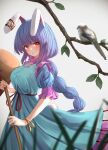  1girl animal_ears bird blue_dress blue_hair braid branch commentary dress earclip grey_background highres holding kine long_hair looking_at_viewer mallet parted_lips rabbit_ears rabbit_girl rabbit_tail red_eyes seiran_(touhou) short_sleeves tail teruteru12 touhou 