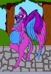  anthro areola belly big_belly big_breasts blue_body breasts covering covering_breasts danellz digital_media_(artwork) dragon feathered_wings feathers female flammie_(setti) hair multicolored_body non-mammal_breasts nude pink_body plant purple_areola purple_hair shrub solo stone_wall tree two_tone_body wall_(structure) wings 