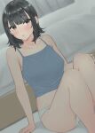  1girl absurdres bed black_hair blue_tank_top blush breasts brown_eyes commentary_request goshiki_suzu highres indoors long_hair looking_at_viewer on_floor original panties parted_lips short_hair sitting solo spaghetti_strap sweat tank_top underwear very_long_hair white_panties 
