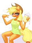  2023 absurd_res alcohol anthro anthrofied applejack_(mlp) beer beer_mug beverage blonde_hair blush blush_lines breasts bubble clothing colored covered_breasts cowboy_hat digital_drawing_(artwork) digital_media_(artwork) dress drunk drunk_bubble earth_pony equid equine eyebrow_through_hair eyebrows eyelashes female freckles friendship_is_magic fur gesture green_clothing green_eyes green_topwear grin grinning_at_viewer hair hasbro hat headgear headwear hi_res holding_mug holding_object horse humanoid looking_at_viewer mammal mug my_little_pony orange_body orange_fur pony red_eyes rtootb scrunchie shaded signature simple_background sitting smile solo substance_intoxication tail topwear translucent translucent_hair underwear v_sign watermark white_background yellow_tail 