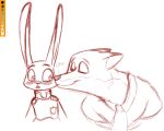  anthro blush canid canine disney duo ears_up female fox judy_hopps kissing kissing_cheek lagomorph leporid male mammal necktie nick_wilde rabbit simple_background spoof_(artist) suprised_look white_background zootopia 