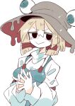  1girl :&gt; black_eyes blonde_hair breasts brown_headwear closed_mouth long_sleeves looking_at_viewer massakasama moriya_suwako own_hands_together short_hair sidelocks simple_background smile solo touhou turtleneck upper_body v-shaped_eyebrows white_background 