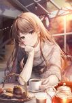  1girl autumn blurry blurry_background brown_eyes brown_hair ceiling_light closed_mouth commentary cup depth_of_field drinking_glass earrings elbow_rest evening food grey_scarf hand_on_own_cheek hand_on_own_face head_rest head_tilt holding holding_cup jewelry kagachi_saku lights long_hair looking_at_viewer original outdoors pitcher_(container) ribbed_sweater ring scarf signature sitting sleeves_past_wrists smile solo spoon sweater table tea teacup tray turtleneck turtleneck_sweater upper_body veranda very_long_hair watermark web_address white_sweater wooden_table 