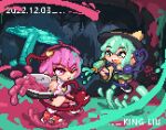  2girls black_footwear black_hairband black_headwear commentary_request full_body glasses green_eyes green_hair green_skirt gun hairband hat hat_ribbon heart heart_of_string holding holding_gun holding_weapon king_liu komeiji_koishi komeiji_satori lowres multiple_girls mushroom painting_(action) pink_eyes pink_hair red_footwear ribbon short_hair siblings sisters skirt splatoon_(series) splatoon_3 tentacle_hair third_eye touhou weapon yellow_ribbon 