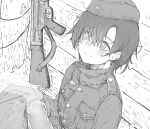  1girl against_wall assault_rifle blush drink fog german_clothes gun hair_between_eyes hat highres hot_drink messy_hair military military_hat military_uniform monochrome on_floor original rifle scarf shichisaburo short_hair sitting smile solo stg44 trench uniform war weapon world_war_ii 