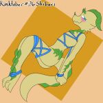  ambiguous_gender ankles_tied anthro bdsm bondage bound cybeeyoru green_body green_horn green_scales hi_res horn kinktober kobold restraints rope rope_bondage rope_harness scales solo wrists_tied yellow_body 
