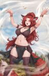  1girl ajhira_(personal_ami) animal_ears armpits blush bracelet breasts choker cleavage cloud english_commentary forest fox_ears halterneck highres jewelry magic nature navel necklace open_mouth original personal_ami red_hair sky solo tail tsurime wide_hips wind yellow_eyes 
