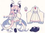  1girl black_eyes black_footwear collared_shirt dress expressionless full_body highres horns loafers long_hair necktie original pink_hair red_necktie sample_watermark shirt shoes solo standing white_background white_dress white_shirt wide_sleeves xianyudian_laoban 