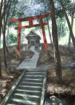  forest highres hill hkwryyy_pepe nature no_humans original scenery shadow stairs sunlight torii tree tree_shade 