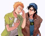  2boys backwards_hat baseball_cap black_eyes black_hair blonde_hair blue_headwear brown_jacket closed_mouth commentary_request green_shirt hat inudori itou_kaiji jacket kaiji long_hair long_sleeves looking_at_another looking_to_the_side male_focus medium_bangs multiple_boys open_clothes open_mouth open_shirt sahara_makoto shirt short_bangs short_hair short_sleeves simple_background smile teeth undershirt upper_body upper_teeth_only white_background white_shirt 