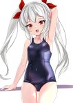  1girl arm_up armpits azur_lane blue_one-piece_swimsuit breasts covered_navel dedorudy fang grey_hair highres long_hair looking_at_viewer old_school_swimsuit one-piece_swimsuit open_mouth red_eyes ribbon school_swimsuit simple_background slit_pupils small_breasts smile solo swimsuit thigh_gap thighs twintails vampire_(azur_lane) white_background 