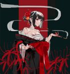  1girl absurdres bare_shoulders black_hair black_kimono blood blood_on_clothes breasts chest_sarashi cleavage closed_mouth flower highres japanese_clothes kimono kiseru large_breasts limbus_company looking_at_viewer off_shoulder project_moon red_eyes red_flower red_sash ryoshu_(limbus_company) sarashi sash short_hair smile smoking_pipe solo spider_lily xintangun 