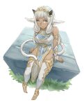  1girl absurdres animal_ears armlet ash_(fire_emblem) bare_shoulders breasts cow_ears cow_girl cow_horns cow_tail dark-skinned_female dark_skin fire_emblem fire_emblem_heroes gold_trim groin highres horns kaphrin large_breasts long_hair low_tied_sidelocks pelvic_curtain sitting solo tail thighhighs white_hair white_thighhighs 