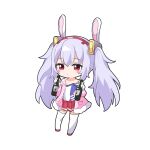  1girl ame. animal_ears azur_lane blush_stickers bottle camisole chibi closed_mouth commentary_request fake_animal_ears full_body fur-trimmed_jacket fur-trimmed_sleeves fur_trim grey_hair hair_between_eyes hairband highres holding holding_bottle jacket laffey_(azur_lane) long_hair long_sleeves off_shoulder open_clothes open_jacket pink_jacket rabbit_ears red_eyes red_footwear red_hairband shoes solo standing thighhighs twintails very_long_hair white_camisole white_thighhighs 