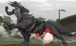  2023 abdominal_bulge ahegao anthro anthro_on_taur anthro_penetrated balls belly_riding big_balls biped black_body bodily_fluids bound claws cum cum_inflation cum_through digital_media_(artwork) dragon dragon_taur duo fur genital_fluids genitals grey_body hi_res horn huge_balls inflation larger_male larger_taur looking_pleasured male male/male male_penetrated male_penetrating male_penetrating_male outside_sex penetration raptoral raptoral_(character) red_body red_fur running scalie sergal sex size_difference smaller_anthro smaller_male taur taur_penetrating taur_penetrating_anthro toe_claws white_body white_fur 