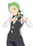  1boy black_pants black_vest bow bowtie cilan_(pokemon) green_bow green_bowtie green_eyes green_hair heart heart_hands kijouyu long_sleeves male_focus one_eye_closed pants pokemon pokemon_(game) pokemon_bw shirt short_hair smile solo traditional_bowtie vest white_background white_shirt 