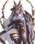  1girl absurdres animal_ears asymmetrical_hair asymmetrical_legwear breasts brown_hair closed_eyes detached_sleeves extra_ears frilled_sleeves frills galleon_(granblue_fantasy) gloves granblue_fantasy highres horns huge_breasts long_hair multicolored_hair ozaki55 pointy_ears skindentation solo streaked_hair thick_thighs thigh_strap thighs white_gloves 
