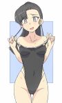  1girl ass_visible_through_thighs asymmetrical_bangs bare_shoulders black_hair black_one-piece_swimsuit blue_eyes breasts brown_eyes clothes_pull commentary_request competition_swimsuit covered_navel cowboy_shot forehead girls_und_panzer highleg highleg_swimsuit highres long_hair medium_breasts nishi_kinuyo one-piece_swimsuit one-piece_swimsuit_pull ponytail renshiu solo standing swimsuit 