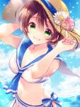  1girl arms_up blush braid breasts brown_hair cleavage cloud cloudy_sky collarbone day flower green_eyes hair_between_eyes hat holding holding_clothes holding_hat idolmaster idolmaster_million_live! idolmaster_million_live!_theater_days kagami2g looking_at_viewer medium_breasts navel ocean open_mouth sailor_collar sailor_swimsuit_(idolmaster) sakuramori_kaori short_hair sky smile solo standing straw_hat sunlight 