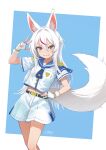  1girl :3 :q animal_ear_fluff animal_ears blue_sailor_collar epaulettes fingerless_gloves fox_ears fox_girl fox_tail gloves hair_between_eyes hand_on_own_hip highres long_hair looking_at_viewer multicolored_hair nito_(nshtntr) original red_hair sailor_collar short_sleeves shorts signature simple_background solo streaked_hair tail tongue tongue_out two-tone_background w white_gloves white_hair white_shorts yellow_eyes 