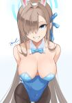  1girl artist_name asuna_(blue_archive) blue_archive blue_bow blue_bowtie bow bowtie breasts cleavage copyright_request dated detached_collar halo highres large_breasts leotard long_hair playboy_bunny signature twitter_username unel white_background 