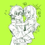  1boy 1girl ao_no_kiseki blush carrying cheek_pinching child_carry coat commentary_request eiyuu_densetsu fingerless_gloves gloves green_background highres hood hoodie kea_(eiyuu_densetsu) lloyd_bannings long_hair pinching popped_collar short_hair turtleneck upper_body wendy3807 wristband zero_no_kiseki 