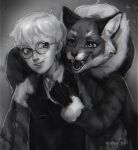  2023 alice_the_vixen anthro anton_petrov biped blush branch canid canine claws clothing digital_media_(artwork) duo embrace eyewear female forest fox fur_collar glasses gloves greyscale handwear hi_res hug hugging_from_behind human male mammal monochrome open_mouth open_smile outside plant round_glasses smile tiny_bunny tree ydvavofi young young_male 