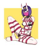  1girl absurdres arms_behind_back bdsm bondage bound bound_toes breasts commentary covered_nipples crotch_rope english_commentary fate/grand_order fate_(series) full_body highres horns jam-orbital mask medium_breasts mouth_mask navel oni_horns purple_eyes purple_hair revealing_clothes shibari shibari_over_clothes shuten_douji_(fate) skin-covered_horns solo spread_legs 