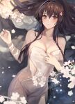  1girl blurry blurry_foreground blush branch breasts brown_eyes brown_hair cherry_blossoms commentary_request covering flower from_above hair_between_eyes hair_flower hair_ornament hair_spread_out highres kantai_collection kasumi_(skchkko) large_breasts long_hair looking_at_viewer lying nude_cover on_back onsen outdoors parted_lips partially_submerged ponytail solo wet white_towel yamato_(kancolle) 