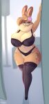  2023 absolute_territory accessory anthro bedroom_eyes big_breasts blue_eyes bra breasts cleavage cleavage_overflow clothed clothing dipstick_ears fangs female flower flower_in_hair footwear fur hair hair_accessory hazel_(shakotanbunny) hi_res high_heels highlights_(coloring) huge_breasts inside lace lagomorph legwear leporid looking_at_viewer mammal midriff multicolored_ears narrowed_eyes navel open_mouth panties plant rabbit seductive shakotanbunny signature solo standing stockings tan_body tan_fur teeth thick_thighs underwear wide_hips 