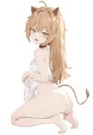  1girl absurdres ahoge animal_ears ass bare_arms bare_legs bare_shoulders barefoot bottomless breasts brown_hair clothes_lift collar crossed_bangs dress dress_lift feet frilled_dress frills hair_between_eyes highres indie_virtual_youtuber light_brown_hair lion_ears lion_girl lion_tail long_hair looking_at_viewer nihnfinite8 no_panties rurudo_lion simple_background sleeveless sleeveless_dress small_breasts solo sundress tail virtual_youtuber white_background white_dress yellow_eyes 