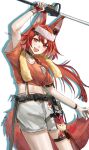  1girl animal_ears arknights collar flametail_(arknights) flametail_(sport_for_all)_(arknights) gloves highres holding long_hair looking_at_viewer nun2o red_eyes red_hair single_glove solo squirrel_ears squirrel_girl squirrel_tail tail white_background 