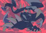  45_(maruyaki45) absurdres arm_at_side black_sclera claws colored_sclera fangs full_body garchomp highres open_mouth pokemon pokemon_(creature) red_background running sharp_teeth solo teeth tongue yellow_eyes 