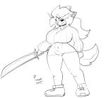  2023 4_fingers anaugi anthro big_breasts black_and_white bottomwear breasts canid canine canis clothed clothing domestic_dog english_text female fingers footwear hachimitsu hair hair_over_eye holding_object holding_sword holding_weapon mammal melee_weapon monochrome navel navel_outline one_eye_obstructed pants ponytail shoes signature simple_background sneakers solo sweater sword text topwear turtleneck weapon white_background 