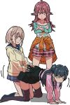  3girls all_fours black_thighhighs crossed_arms dry_humping hand_on_another&#039;s_ass humping idolmaster idolmaster_shiny_colors komiya_kaho long_sleeves looking_at_another mayuzumi_fuyuko motion_lines multiple_girls no_shoes ogasawara plaid plaid_skirt pleated_skirt school_uniform serizawa_asahi simple_background skirt thighhighs v-shaped_eyebrows white_background yuri 