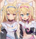  2girls :3 animal_collar animal_ear_fluff animal_ears bandaid_hair_ornament black_collar black_jacket blonde_hair blue_eyes blue_hair blue_hairband breasts center_frills cleavage_cutout clothing_cutout collar cropped_jacket cropped_shirt crossed_bangs cutout_above_navel detached_collar dog_ears dog_girl double-parted_bangs dress fake_horns fang frilled_shirt_collar frills fur-trimmed_jacket fur_trim fuwawa_abyssgard hair_between_eyes hair_intakes hair_ornament hairband hairclip headphones headphones_around_neck highres hololive hololive_english horns jacket large_breasts long_hair long_sleeves mococo_abyssgard multicolored_hair multiple_girls open_mouth pink_eyes pink_hair pink_hairband puffy_long_sleeves puffy_sleeves shirt short_dress short_hair siblings sisters skin_fang spiked_collar spikes streaked_hair szuukie t-shirt twins two_side_up upper_body v virtual_youtuber white_dress white_shirt x_hair_ornament 
