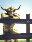  against_fence against_surface anthro bgn bovid bovine brown_body brown_fur brown_hair cattle day fence flaccid fur genitals grass hair hi_res hidden_eyes horn leaning leaning_forward male mammal muscular muscular_anthro muscular_male nude outside penis plant sky solo text wood wood_fence 