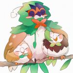  3others :&gt; bird blush blush_stickers bow bowtie branch cape closed_eyes commentary dartrix decidueye english_commentary evolutionary_line feathers green_bow green_bowtie green_cape highres hood hood_up hooded_cape leaf multiple_others no_humans owl pokemon pokemon_(creature) pokemon_(game) pokemon_sm rowlet simple_background sitting takumi_mizuki white_background 