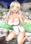  1girl :d absurdres alternate_breast_size barefoot basket blonde_hair breasts cleavage collarbone commentary_request green_eyes hair_ribbon highres holding holding_sponge kantai_collection kneeling kuromayu large_breasts long_hair looking_at_viewer naked_towel onsen outdoors ribbon smile solo sponge toes towel white_towel yuudachi_(kancolle) 