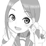  1girl :d earbuds earphones greyscale hands_up highres holding holding_earphones karakai_jouzu_no_takagi-san kuro_kosyou long_hair looking_at_viewer monochrome parted_bangs sailor_collar school_uniform serafuku short_sleeves simple_background smile solo takagi-san upper_body white_background 