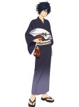  1boy black_hair black_kimono blue_eyes english_commentary feet fingernails full_body hand_fan highres holding holding_fan japanese_clothes kimono leon_magnus official_art sandals solo tales_of_(series) tales_of_asteria tales_of_destiny toenails toes transparent_background yukata 