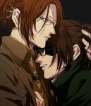  2others brown_eyes brown_hair brown_jacket clenched_teeth commentary_request dual_persona eyepatch glasses hange_zoe hug jacket mo_cha_ri multiple_others other_focus ponytail shingeki_no_kyojin teeth 