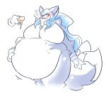  2020 2_tails anthro belly_overhang blue_hair blush breasts breath burger canid canine disembodied_hand duo female food force_feeding forced fox hair mammal multi_tail obese overweight overweight_anthro overweight_female solo_focus tail thick_thighs trans_(lore) weighty-kyte yuki_sukafu 