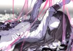  absurdres akemi_homura black_hair black_ribbon crying flower highres kaname_madoka lunay lying mahou_shoujo_madoka_magica pink_hair pink_ribbon purple_flower purple_hair ribbon tears white_flower 