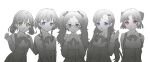  5girls ahoge alternate_hairstyle blue_eyes braid collared_shirt grey_eyes hair_ornament hair_ribbon hairclip highres long_hair looking_at_viewer may_(2747513627) medium_hair meguro_miyuki monochrome multiple_girls neck_ribbon open_mouth pink_eyes purple_eyes ribbon sayonara_wo_oshiete shirt short_hair simple_background sketch smile spot_color sugamo_mutsuki takada_nozomi tamachi_mahiru twin_braids twintails ueno_koyori underbust upper_body very_long_hair vest white_background yellow_eyes 